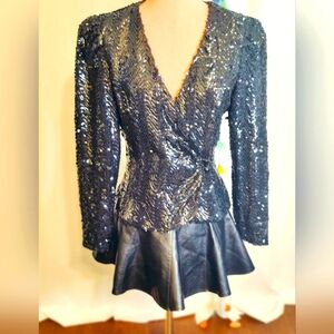 Vintage 80s fitted sequin Blazer  wrap style deep V zig zag minimalist Chic S